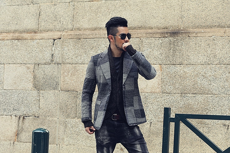 Classic Plaid Patchwork Men Slim Fit Blazer
