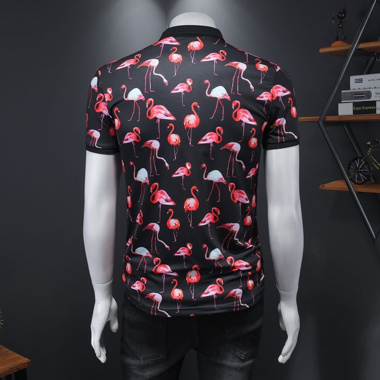 Full Flamingo Patterned Short-Sleeved Polo Shirt