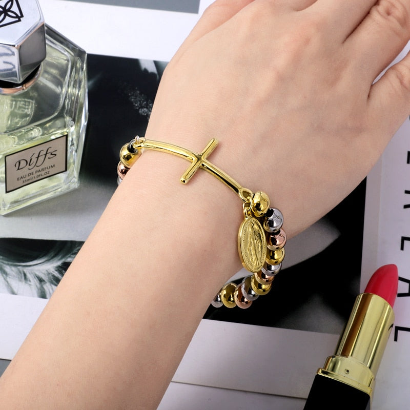 Pulseras de abalorios con etiqueta cruzada de cuentas de acero inoxidable