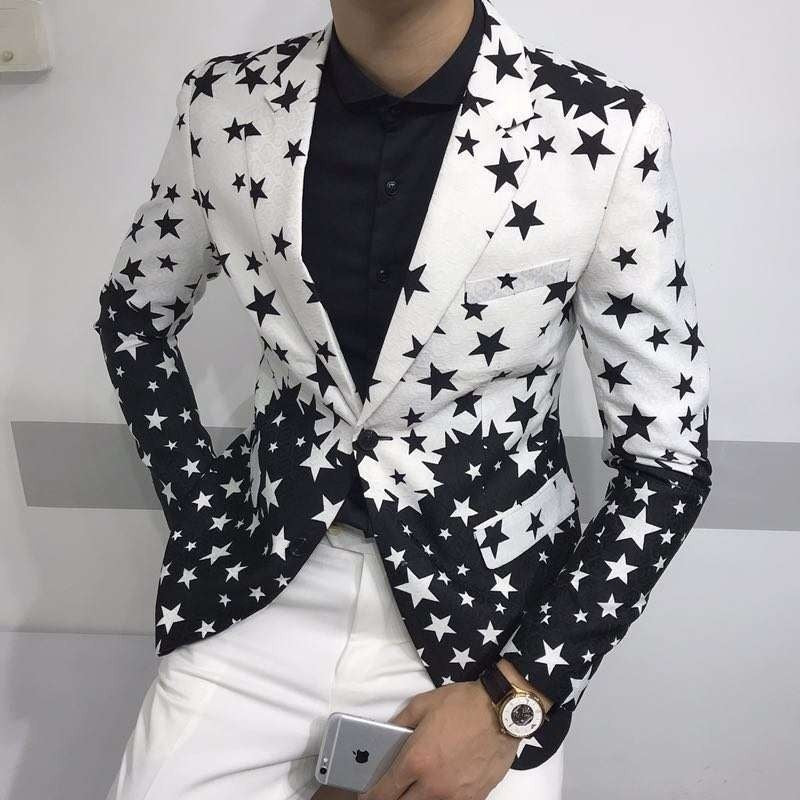 Blazer de hombre de estilo casual ajustado con estampado de estrellas en negro y blanco