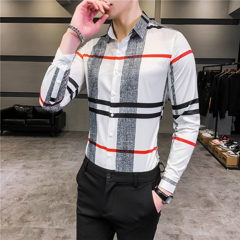 Luxury Print Long Sleeve Korean Design Casual Men Shirt