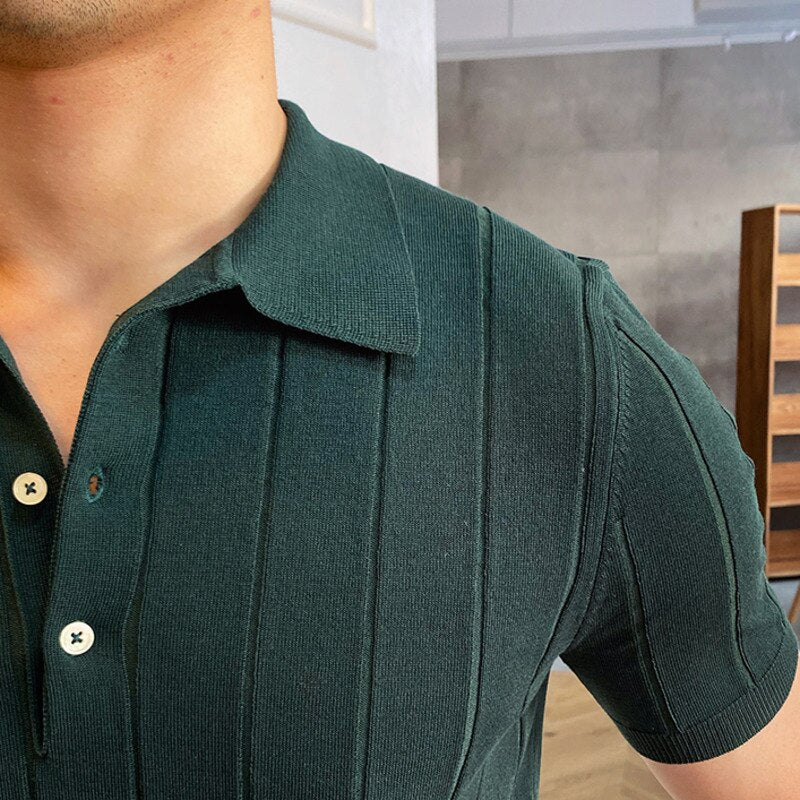 Striped Viscose Short Sleeve Polo Shirt