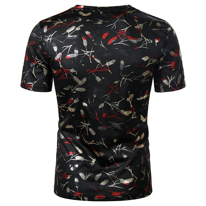 Camiseta De Hombre Con Cuello De Pico De Plumas Metálicas En Dos Tonos