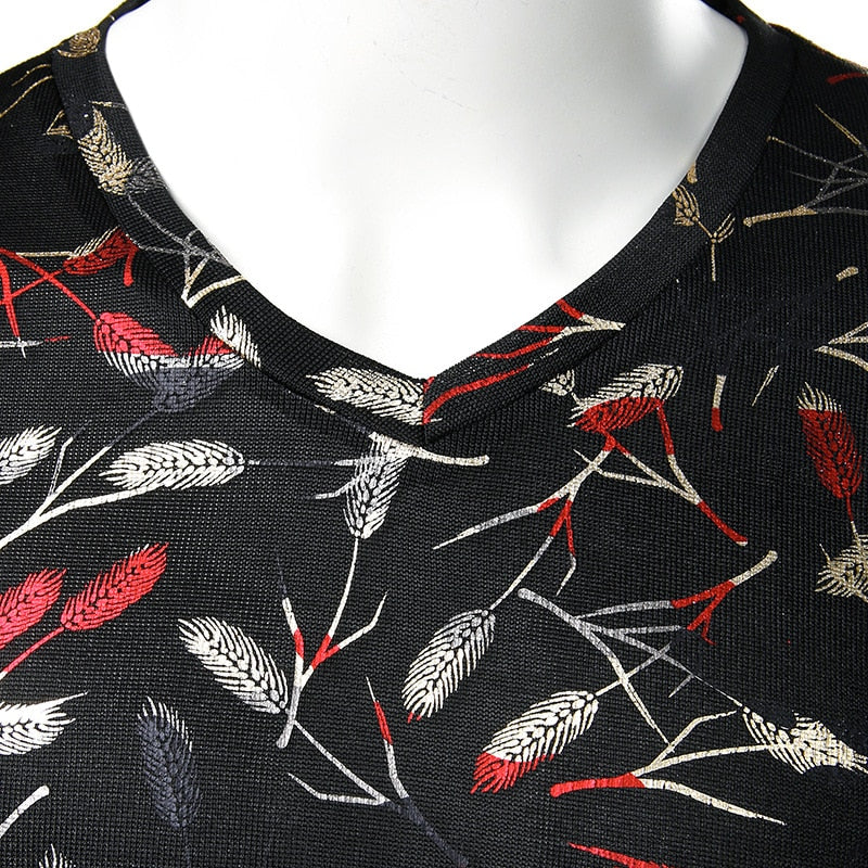 Camiseta De Hombre Con Cuello De Pico De Plumas Metálicas En Dos Tonos