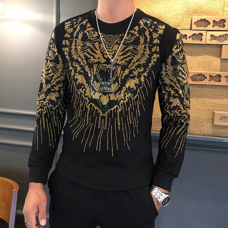 Black with Tiger Head Sequin Long Sleeves Casual Men Sweatshirt