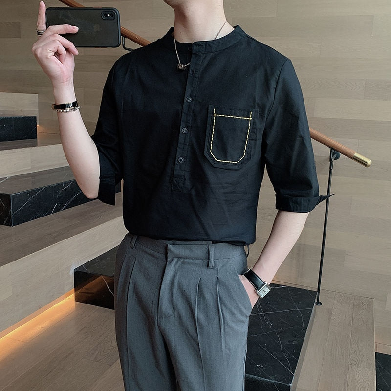 Solid Half-Sleeved Stand Collared Shirts