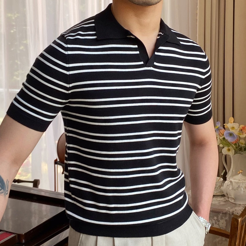 Knit Lapel Mannen Stripe Polo Shirt
