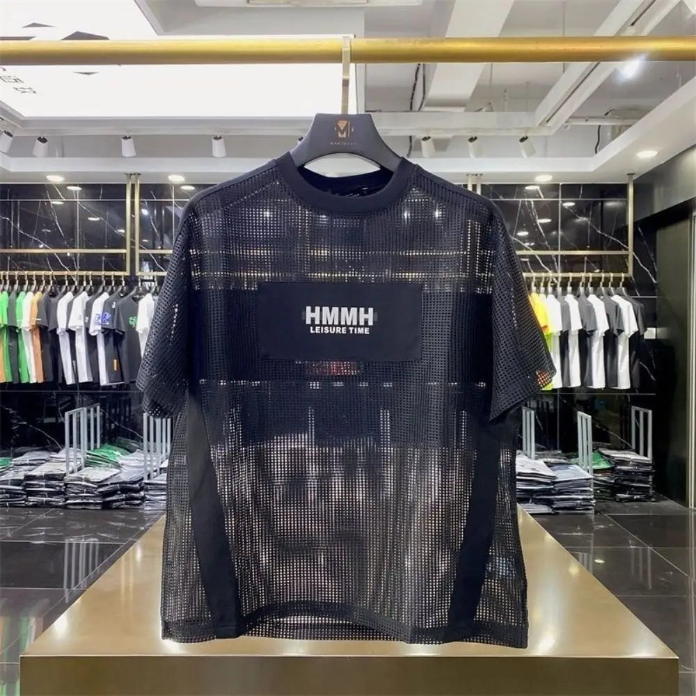 Black Grid Hollow O-Neck T-Shirt