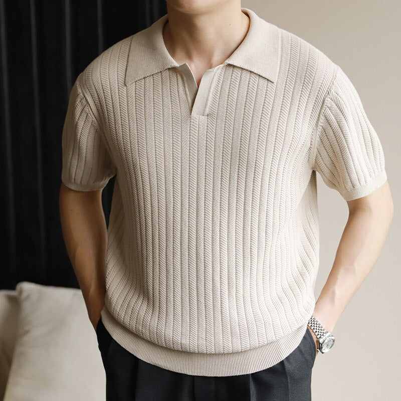 Casual Solid Color Knitted Slim Polo Shirt