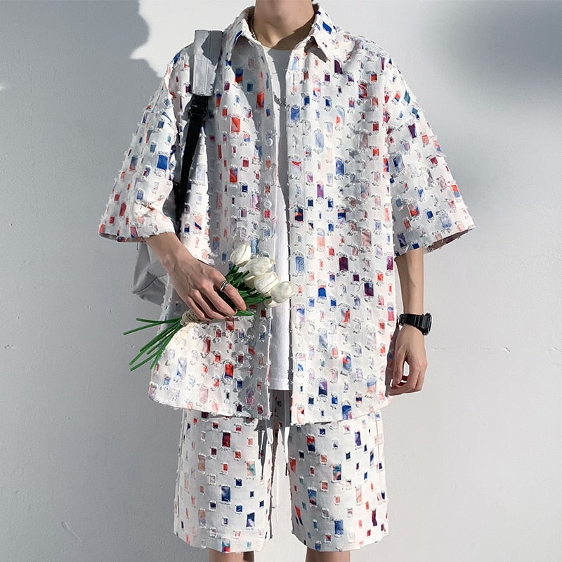 Ripped Patchwork Hollow Out Shorts Set