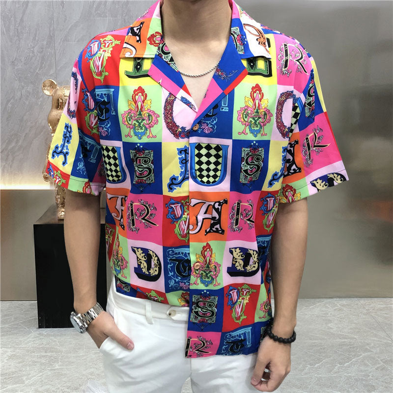 Retro Colorful Checkered Letter Print Shirt