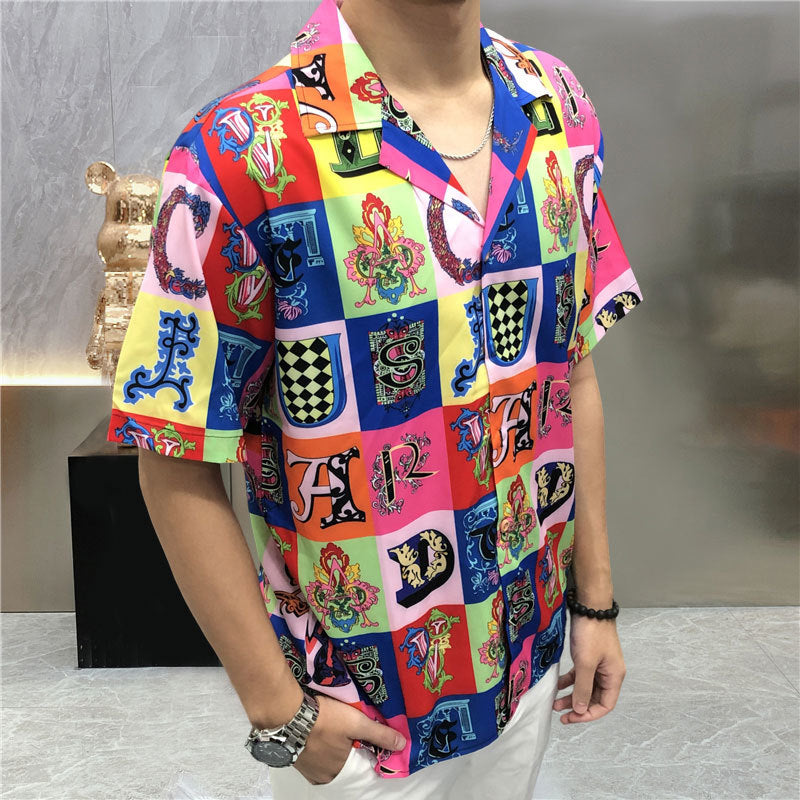 Retro Colorful Checkered Letter Print Shirt