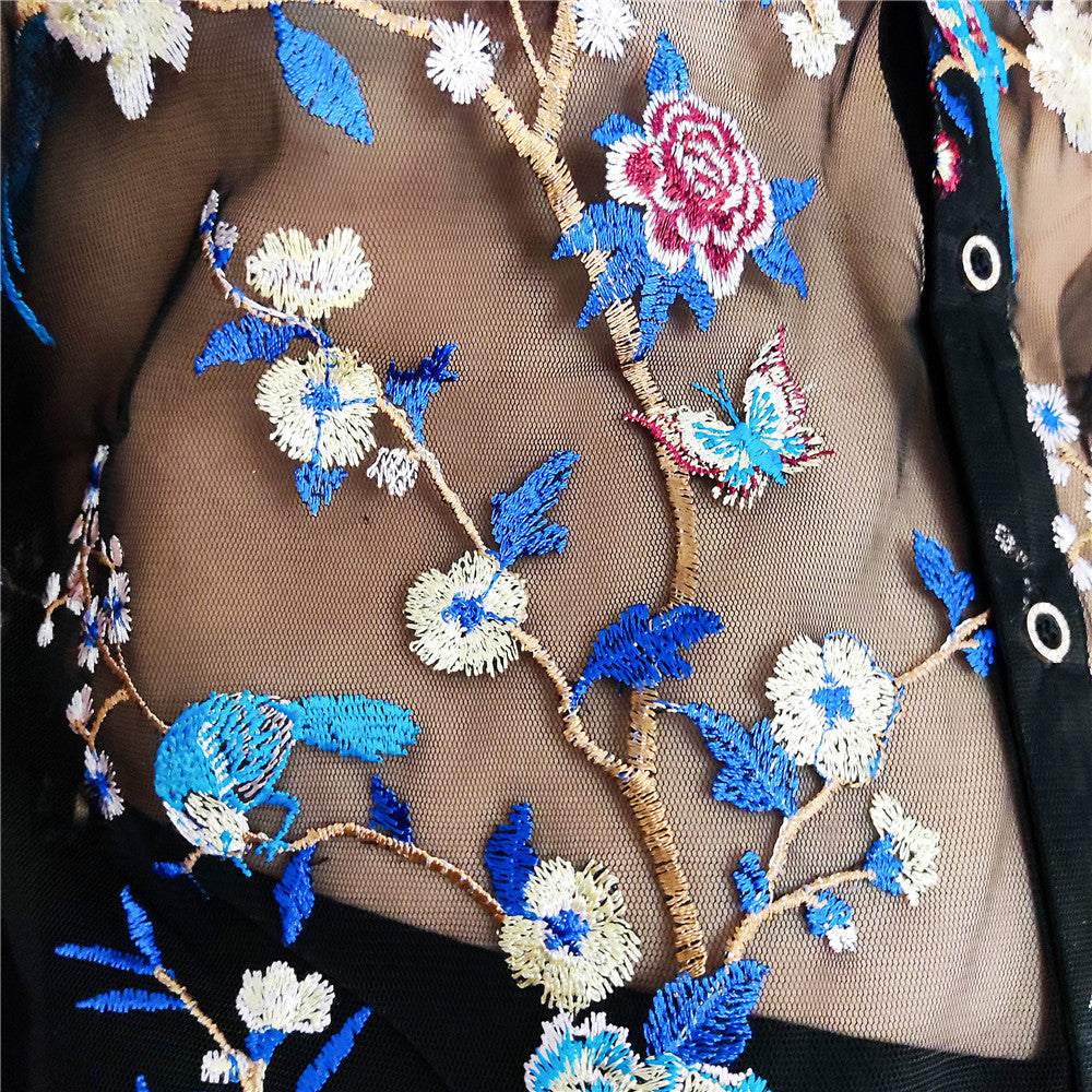 Blue Floral Embroidery See-Through Shirt