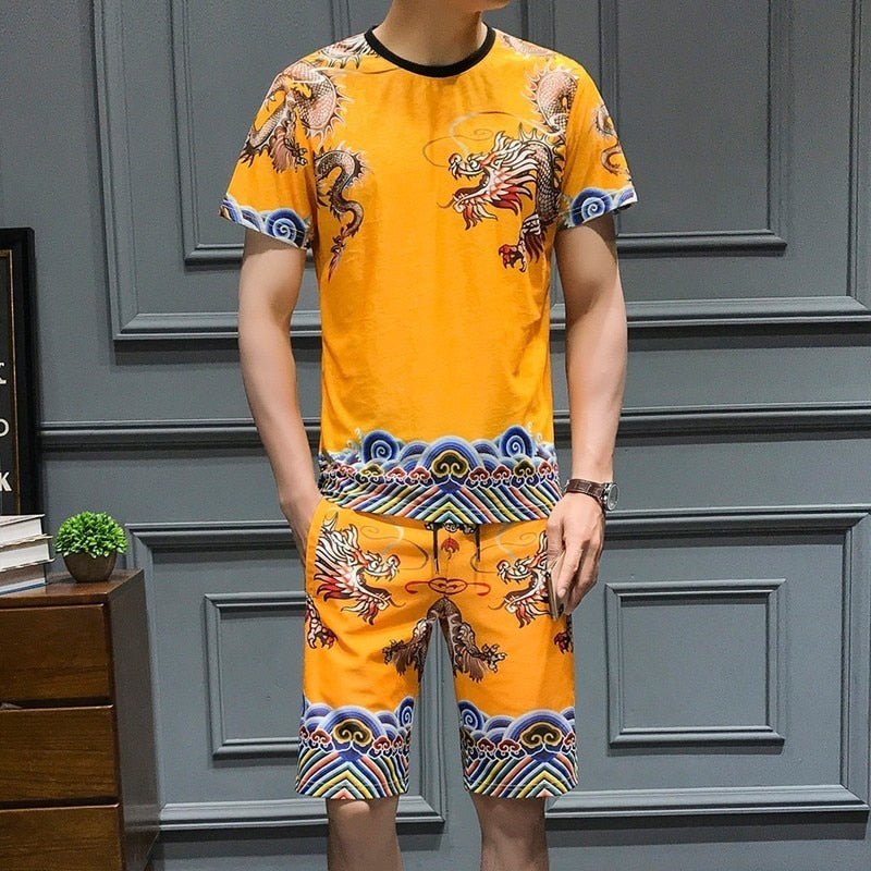 Casual Set Yellow Chinese Style with Dragon Printing Men T Shirt and Pants Set - FanFreakz