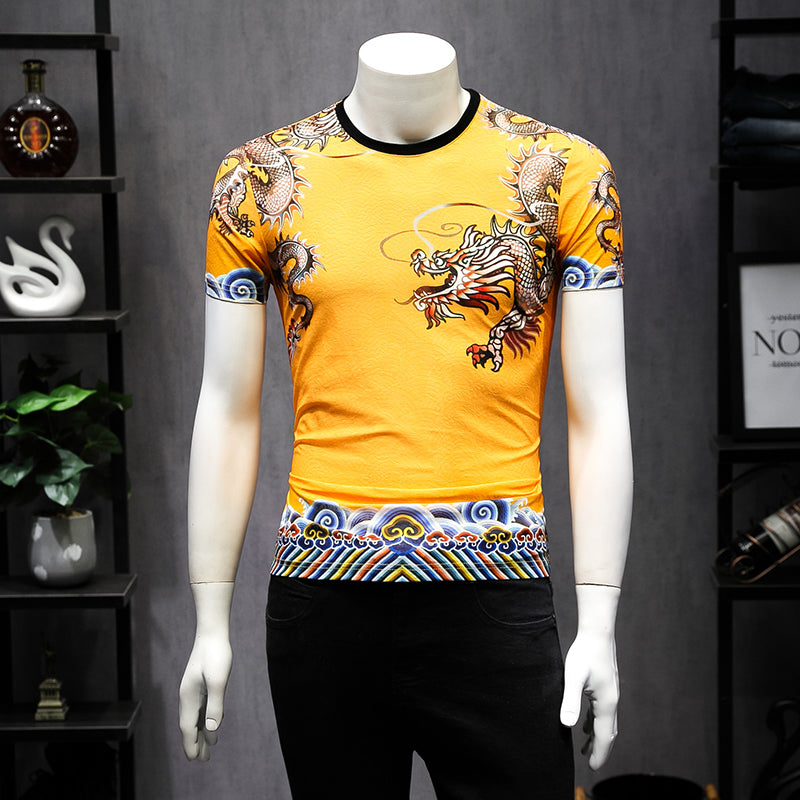 Casual Set Yellow Chinese Style with Dragon Printing Men T Shirt and Pants Set - FanFreakz
