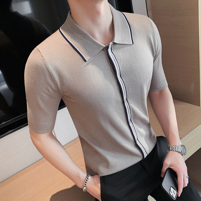 Stripe Color Viscose Short Sleeve Shirt