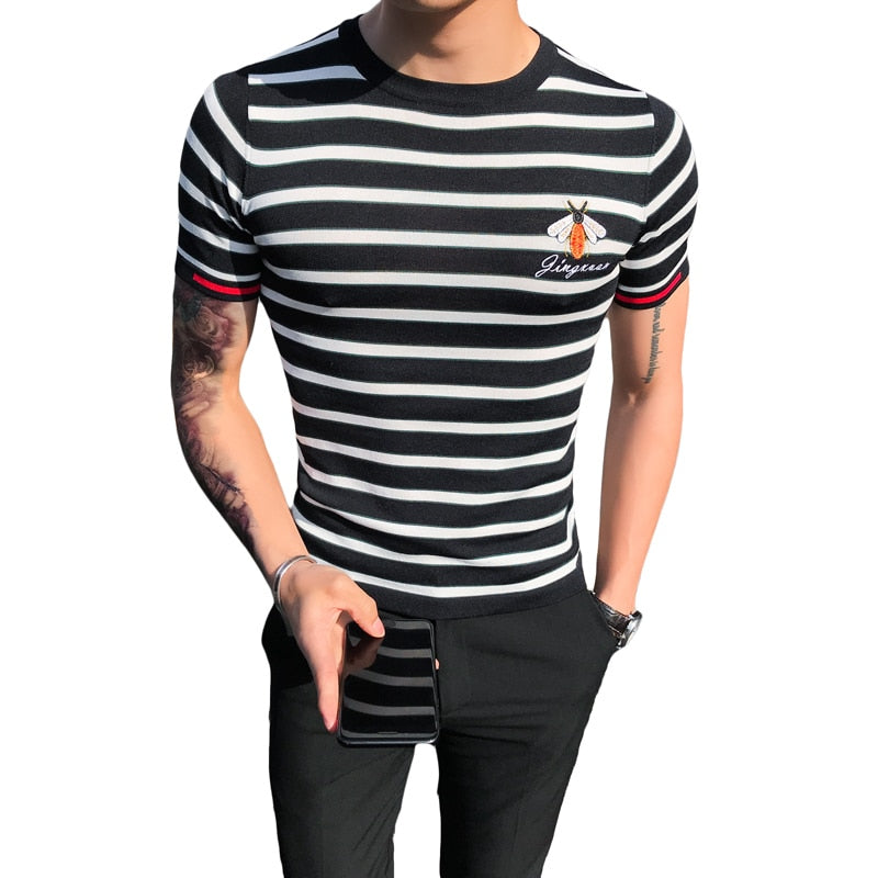 Stripe Slim Fit Black and White Men T Shirt