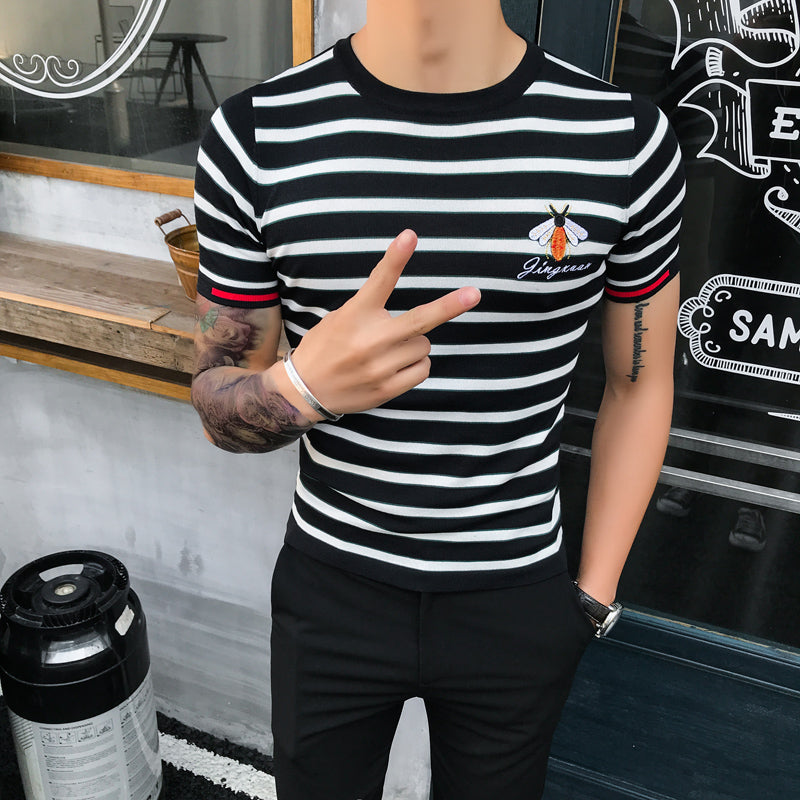 Stripe Slim Fit Black and White Men T Shirt
