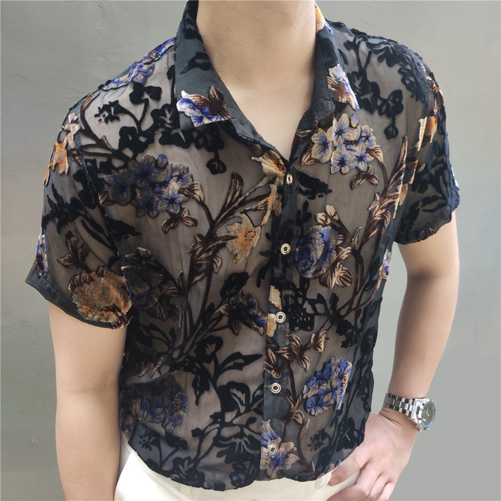 Chemise transparente à broderie florale colorée