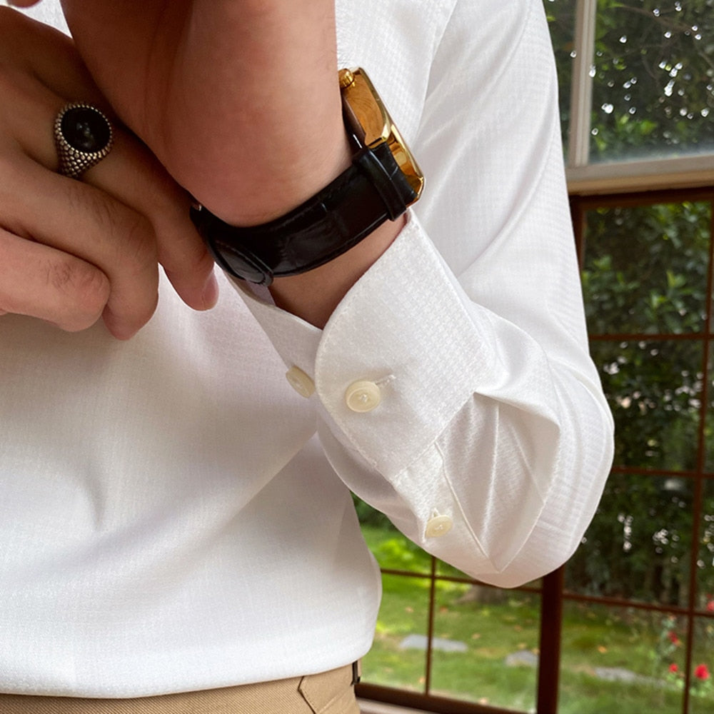 Chemise saphir à manches longues et col cubain