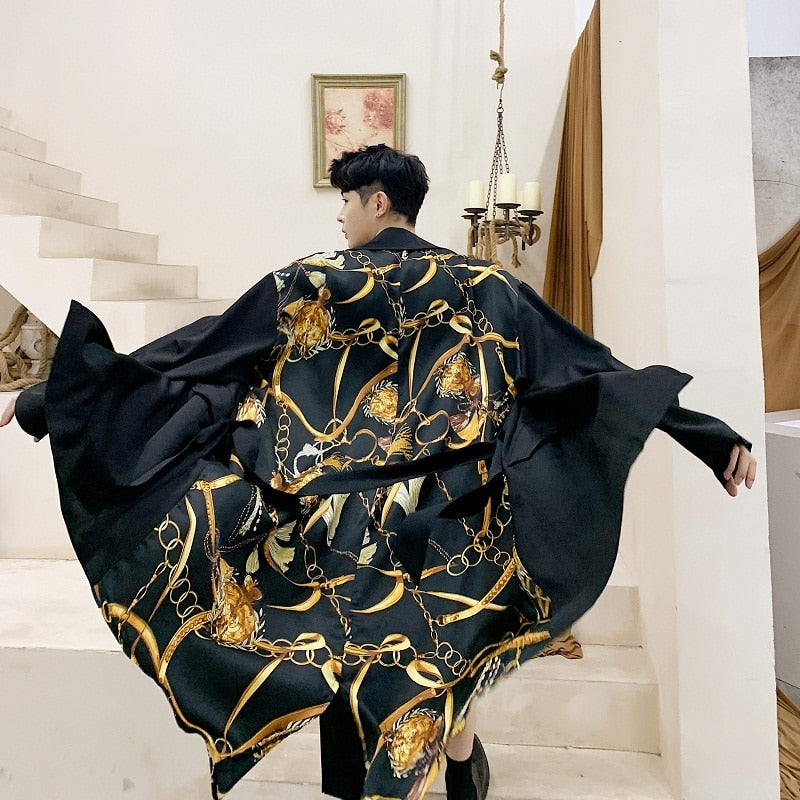 Classic Prints Windproof Men Belted Long Coat