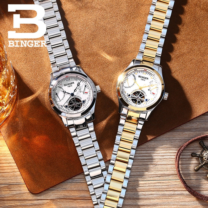Binger mécanique de marque de luxe avec bracelet en acier inoxydable Montres pour hommes