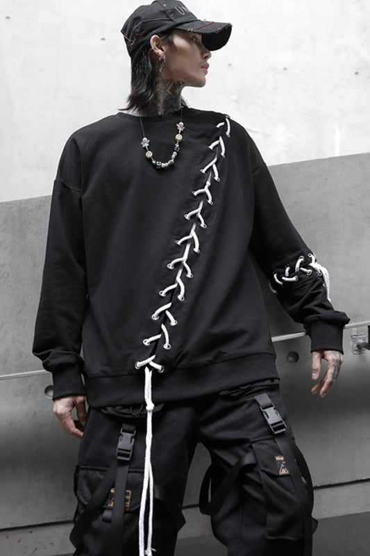 Drawstring Braid Accent Long Sleeve Men T shirt