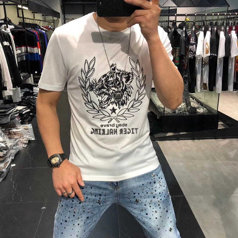 Tiger Head Mixed Print Sequin Men T-Shirt