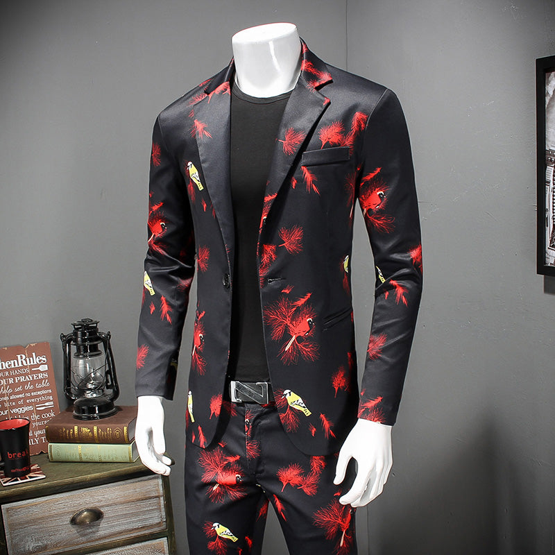 Black with Red Feather Print Suit Men Casual Blazer and Trouser