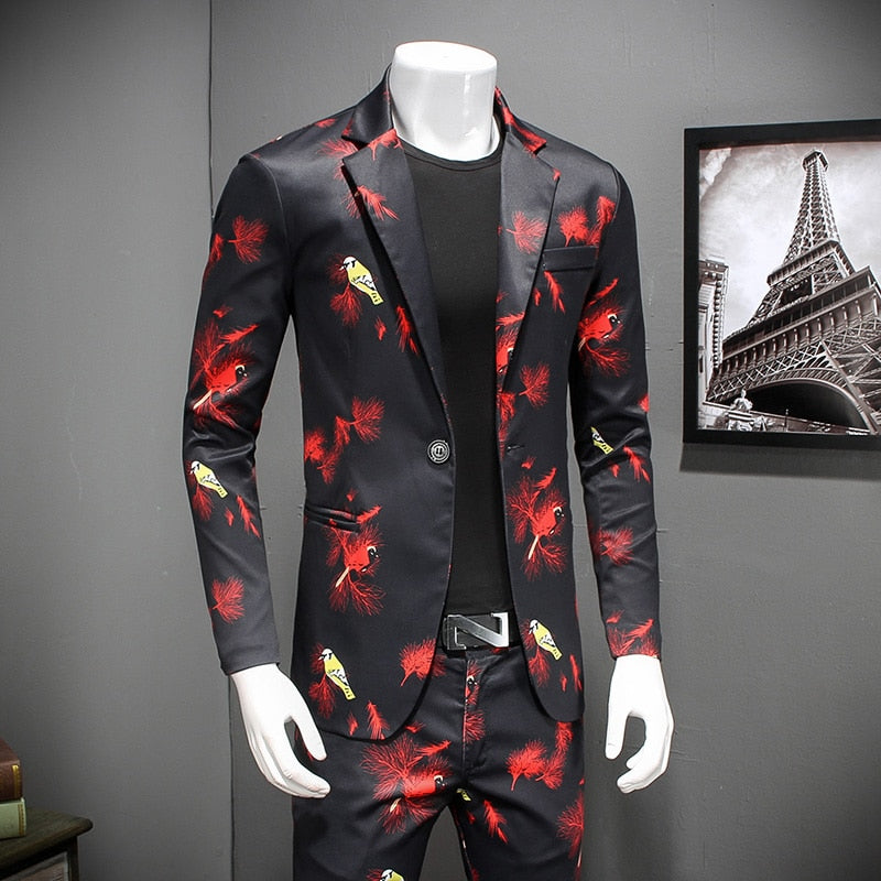 Black with Red Feather Print Suit Men Casual Blazer and Trouser