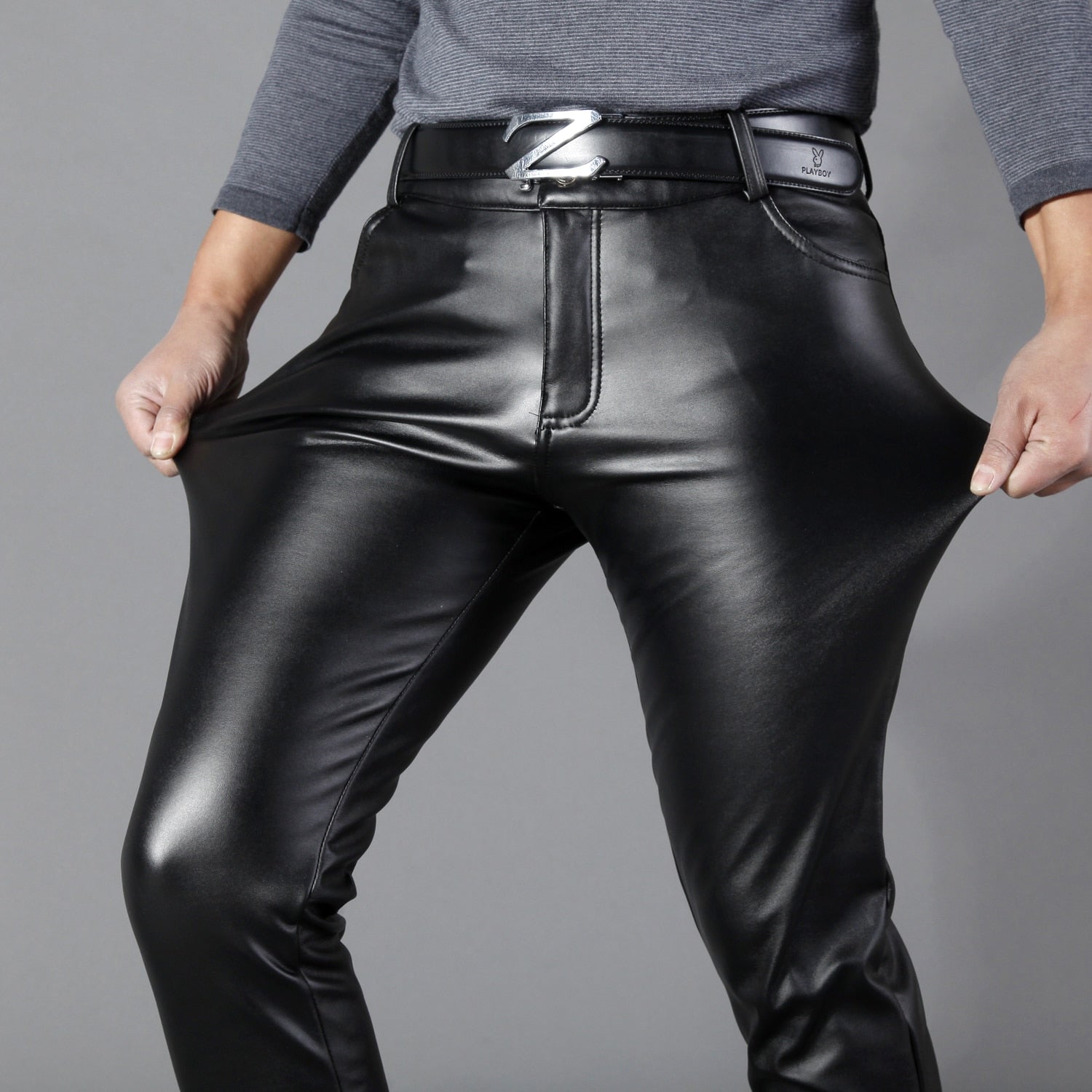 Pantalon en cuir noir solide au design épuré et élégant pour hommes