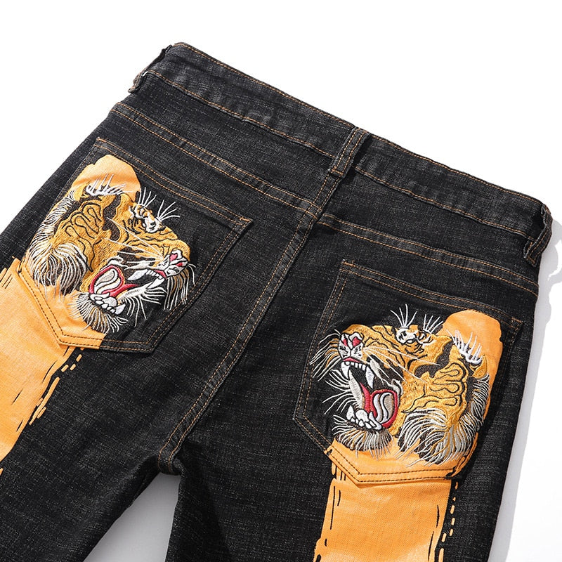 Growling Tiger Heads Embroidery Regular Jeans