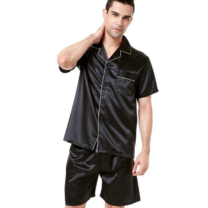 Solid Color Fit Men Satin Silk Pajama Sets Short Sleeves Shirt and Pants