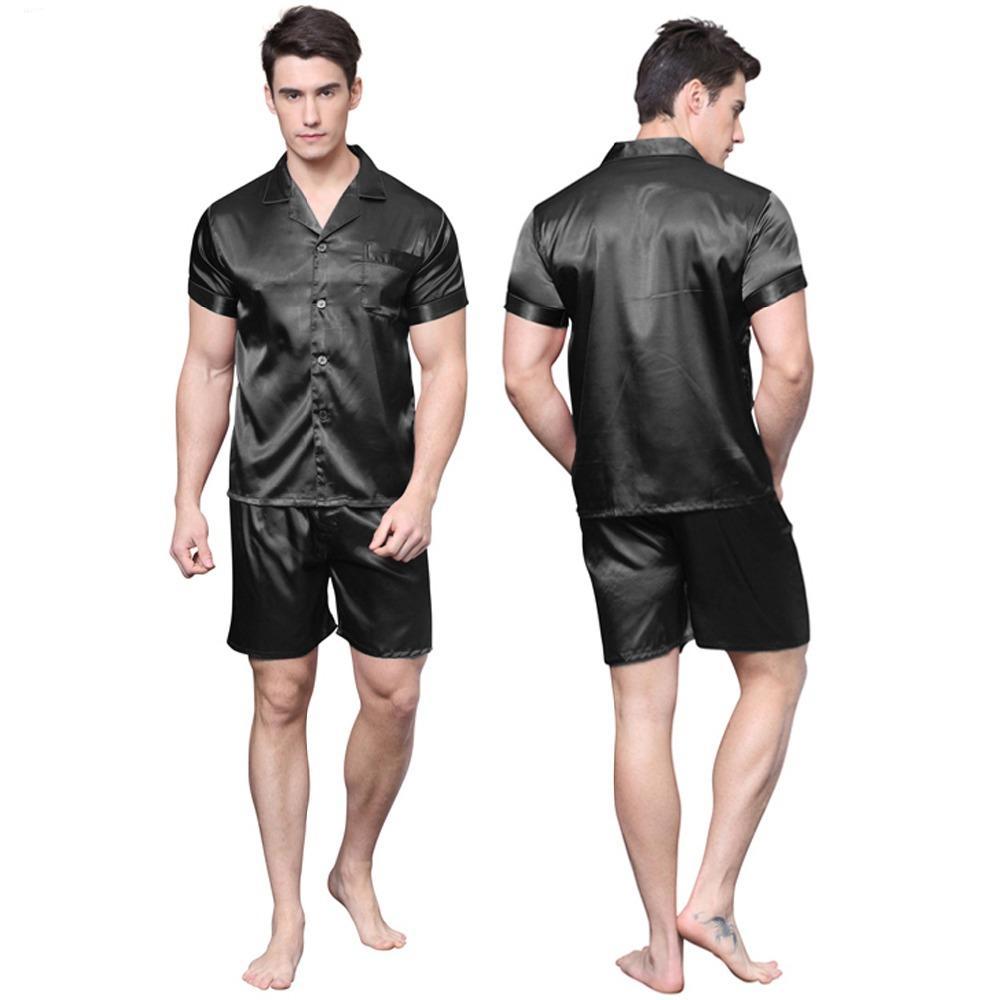 Solid Color Fit Men Satin Silk Pajama Sets Short Sleeves Shirt and Pants