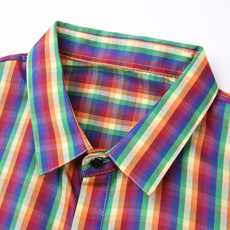 Semi Plaid Rainbow Stripe Patterned Shirt