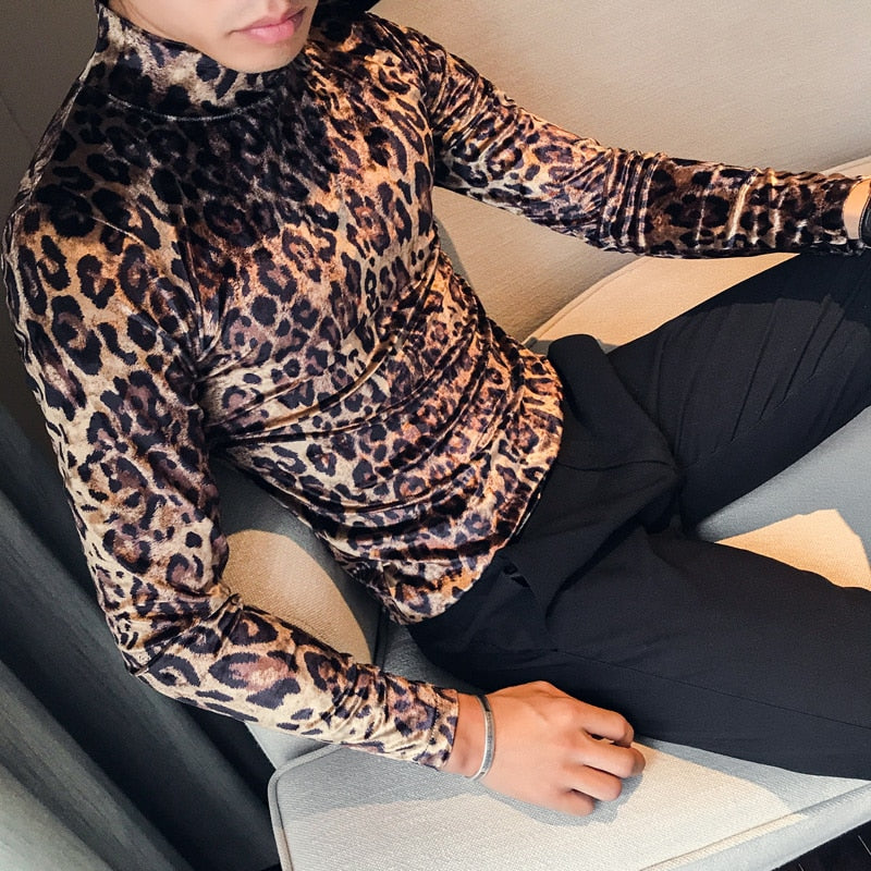 Turtleneck Leopard Style Printed Long Sleeve T-Shirt