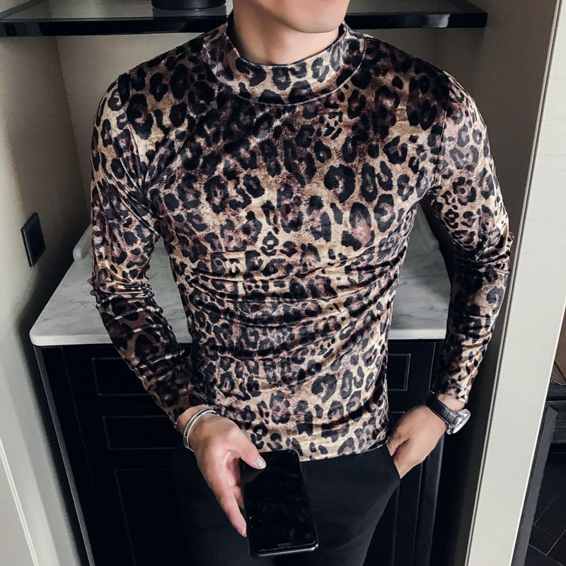 Turtleneck Leopard Style Printed Long Sleeve T-Shirt