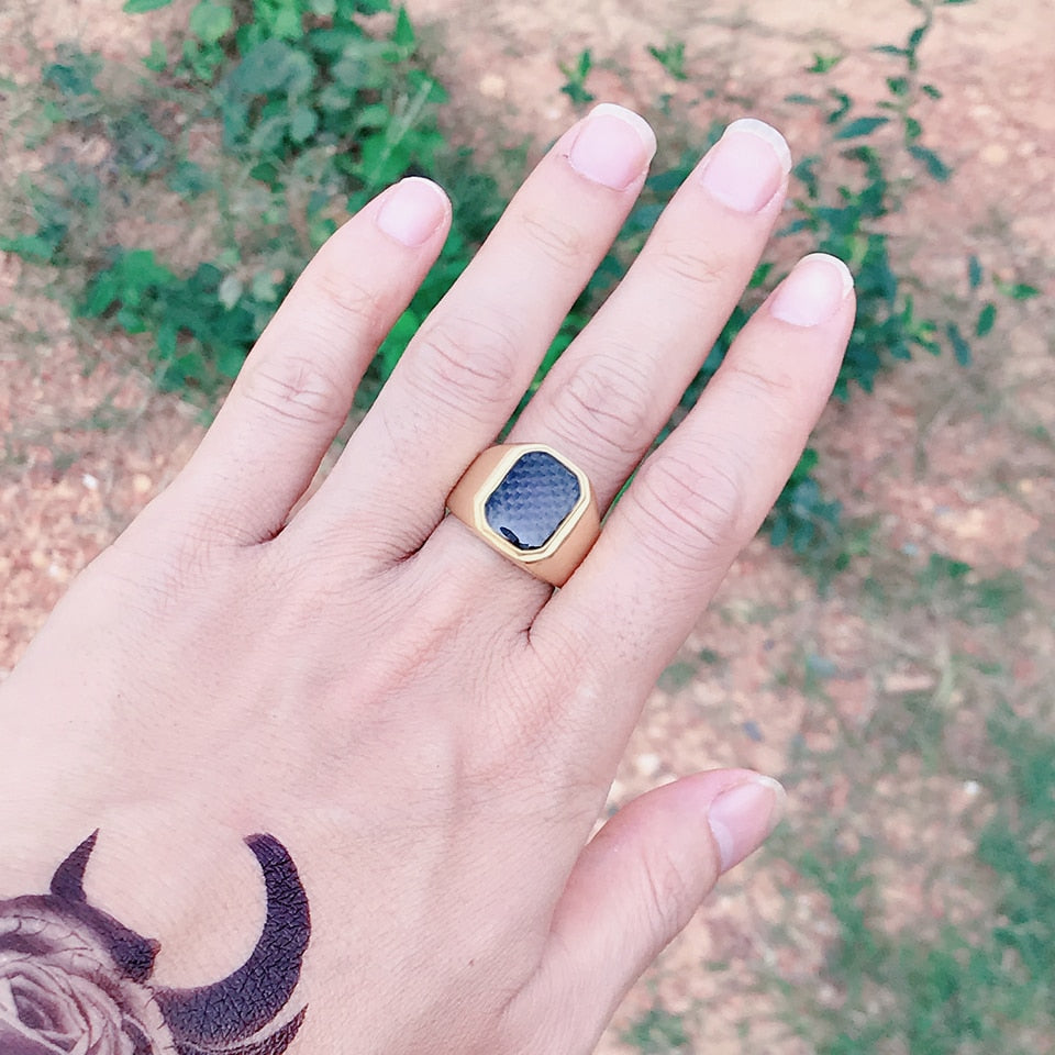 Carbon Pattern Stone Style Stainless Steel Ring