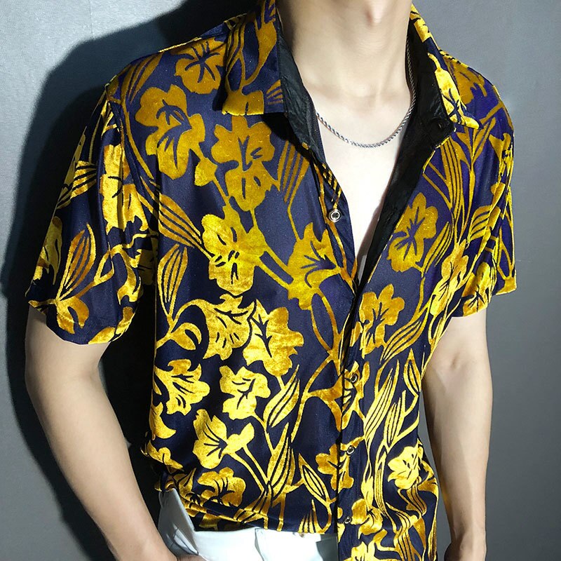 Yellow Black Floral Velvet Shirt