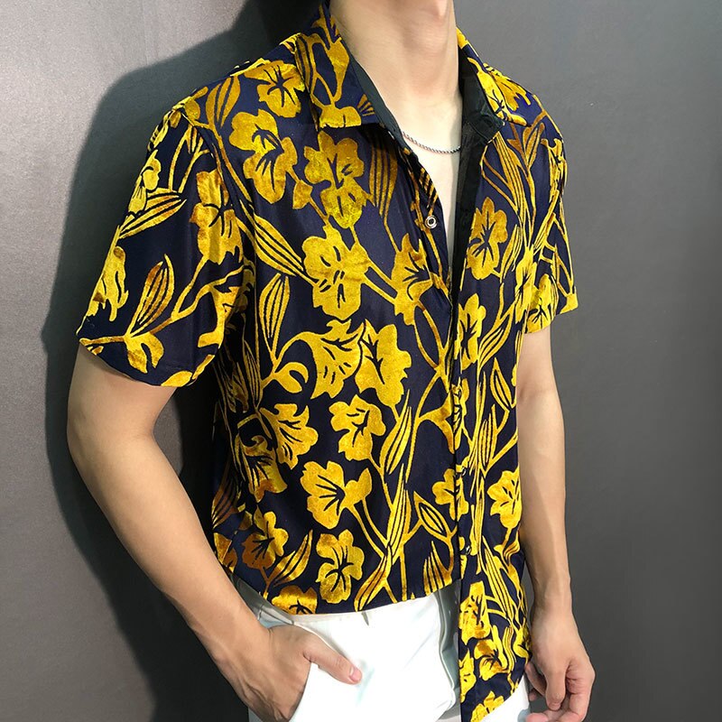 Yellow Black Floral Velvet Shirt