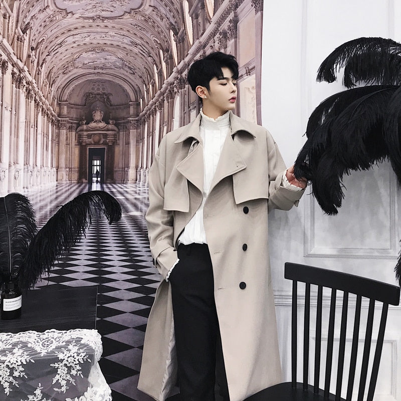 Gabardina larga de moda para hombre de color sólido con doble botonadura