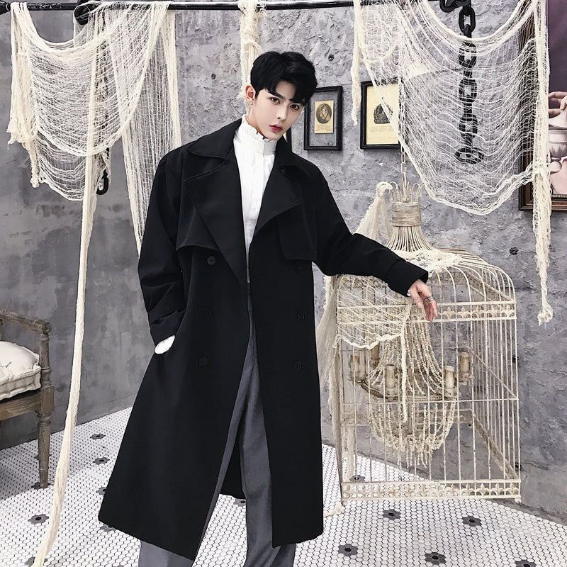 Gabardina larga de moda para hombre de color sólido con doble botonadura