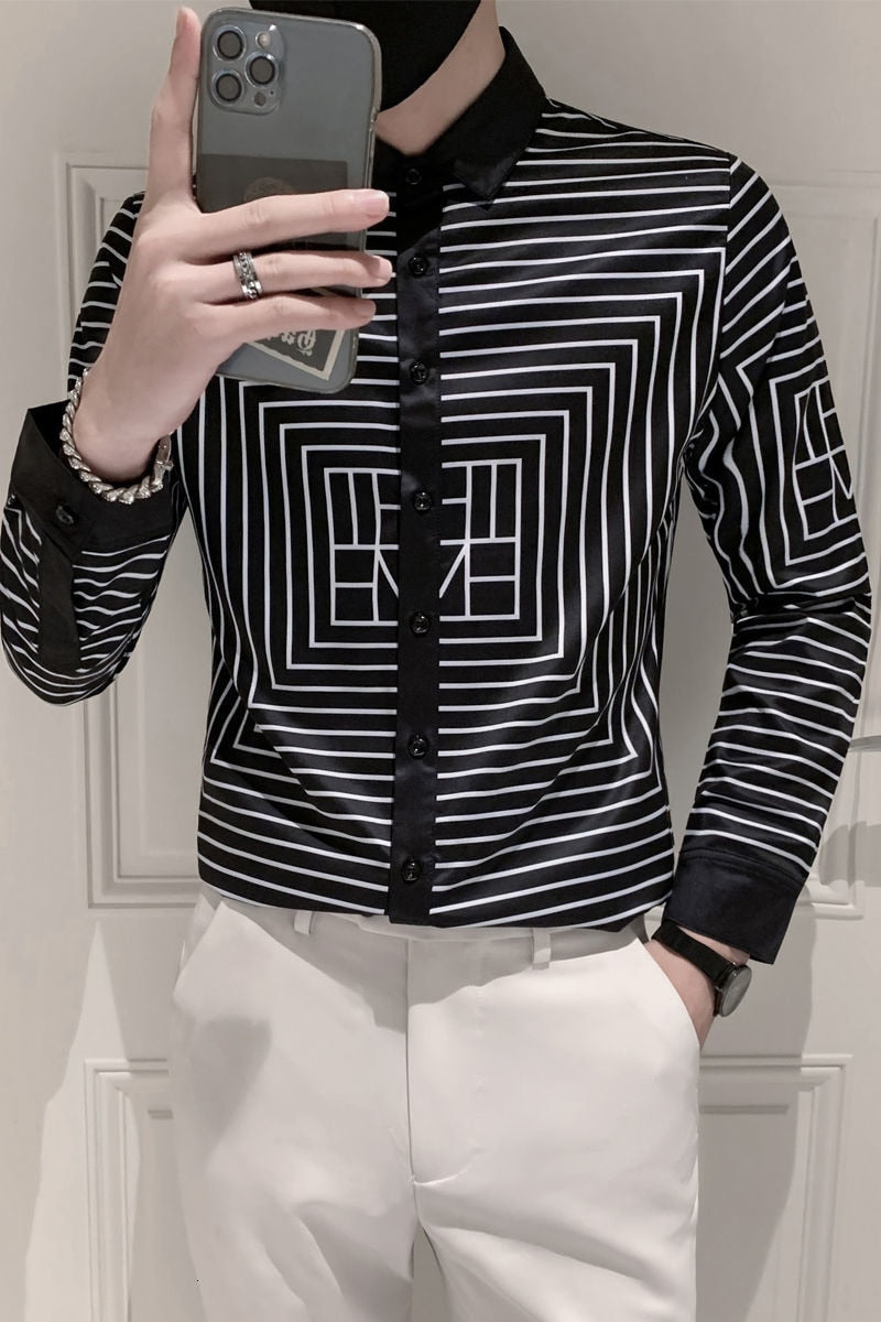 Black White Rectangle Lines Printed Long Sleeve Shirt