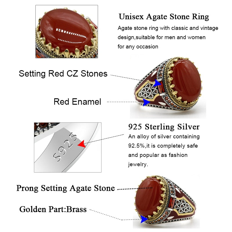 Anillo de corona vintage con piedra de ágata natural roja
