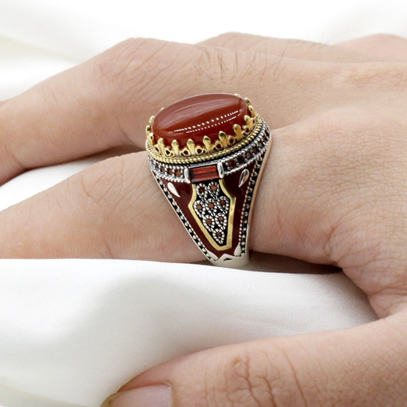 Red Natural Agate Stone Vintage Crown Ring