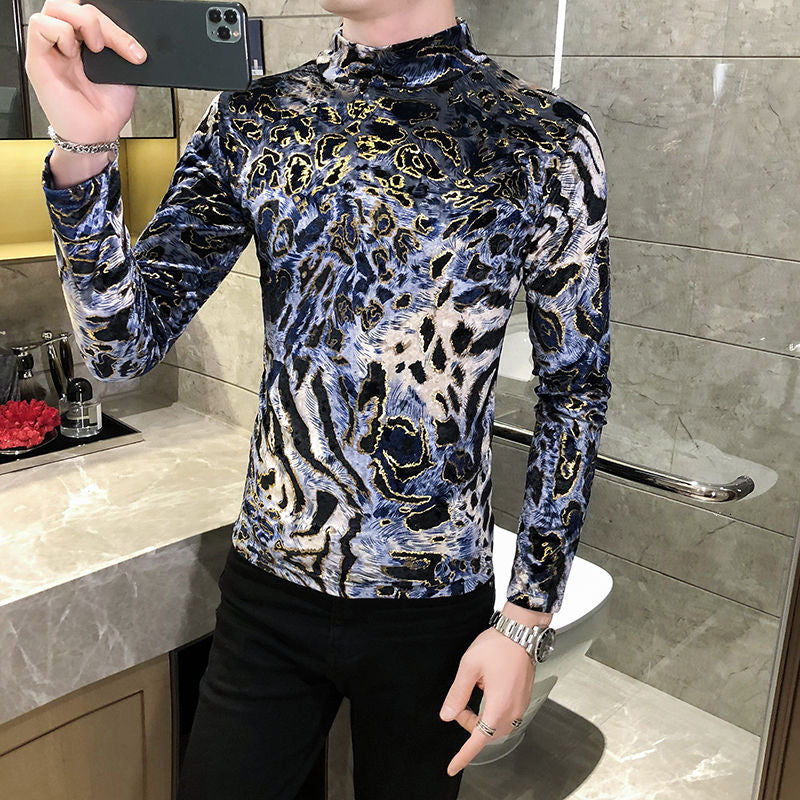 White Leopard Printed Long Sleeve Turtleneck T-Shirt