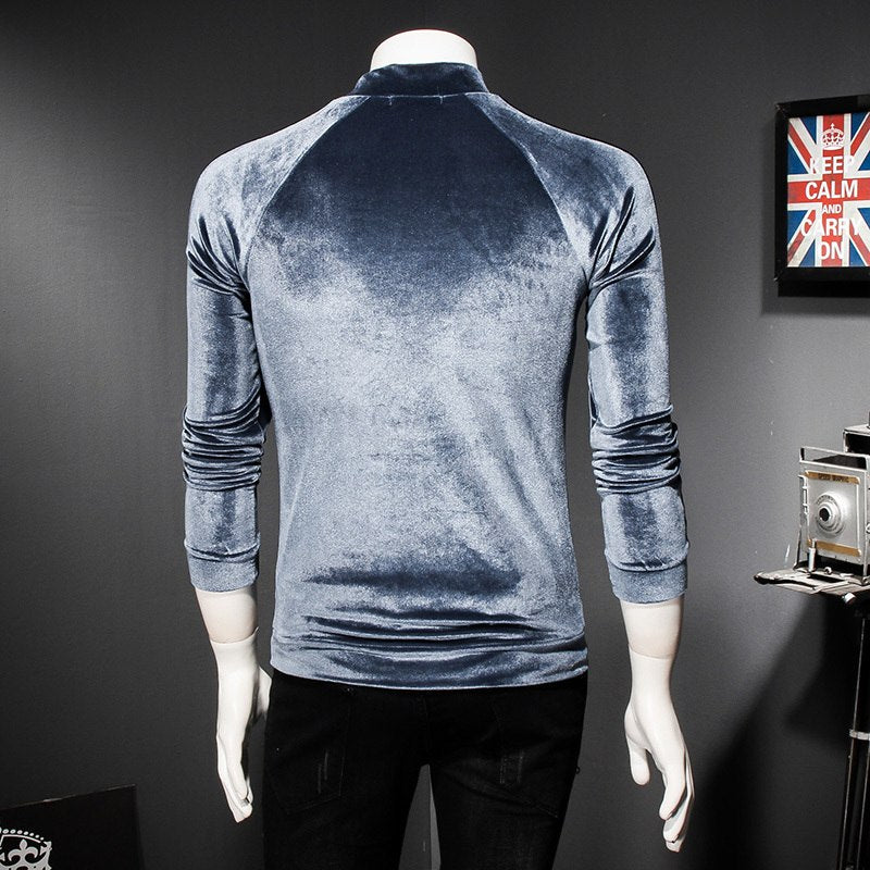 Pull à col roulé en velours à manches rayées pour hommes