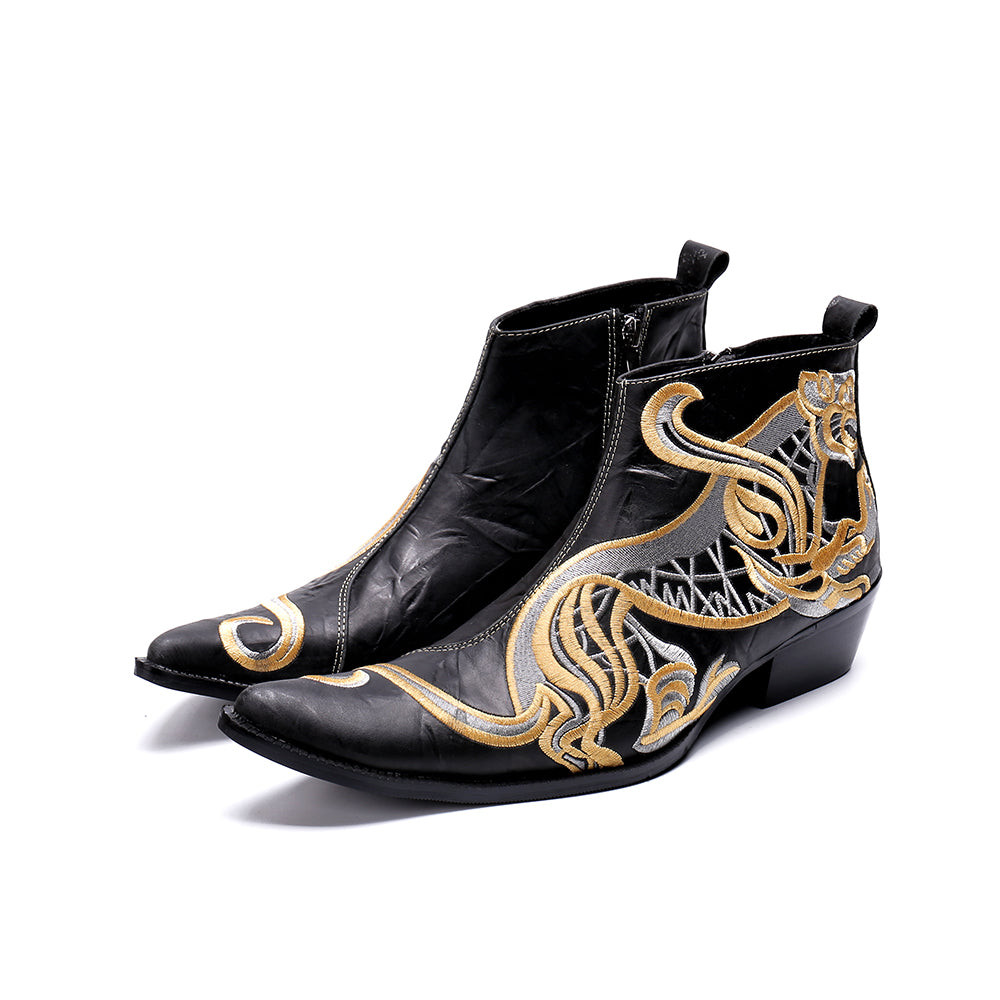 Bottes de cow-boy pour hommes en cuir véritable brodées de tigre stylisé