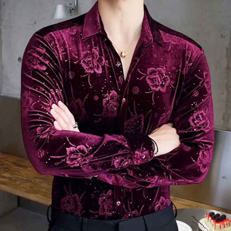 Floral Pattern Velvet Slim Fit Shirt