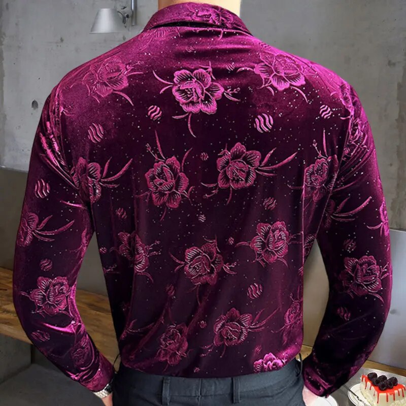 Floral Pattern Velvet Slim Fit Shirt